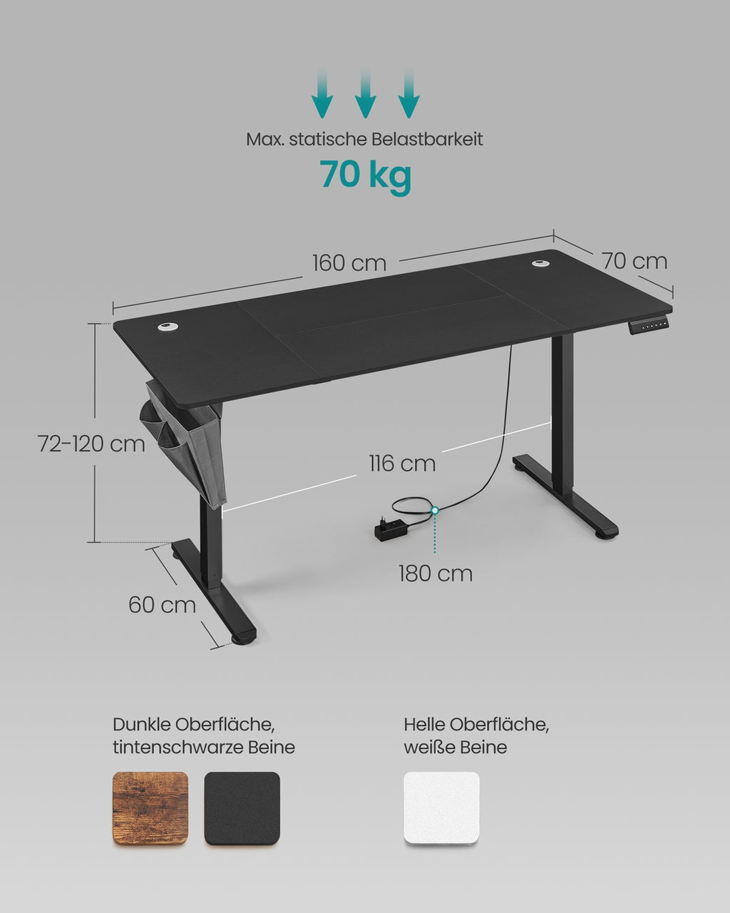 Höhenverstellbarer Schreibtisch elektrisch 60 x 160 x (72-120) cm