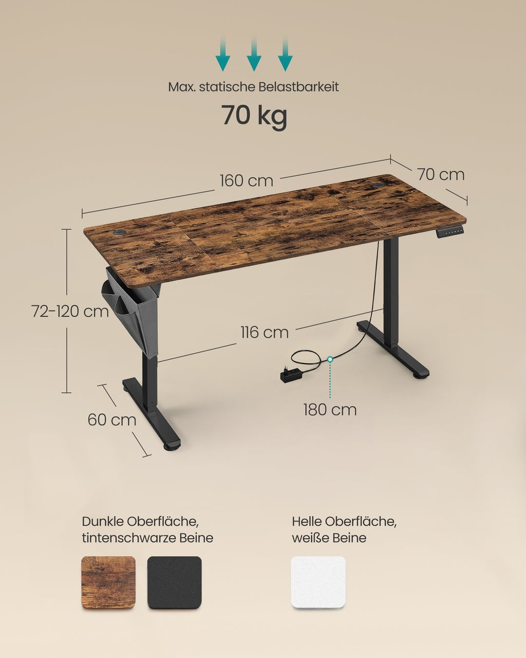Höhenverstellbarer Schreibtisch elektrisch 70 x 160 x (72-120) cm