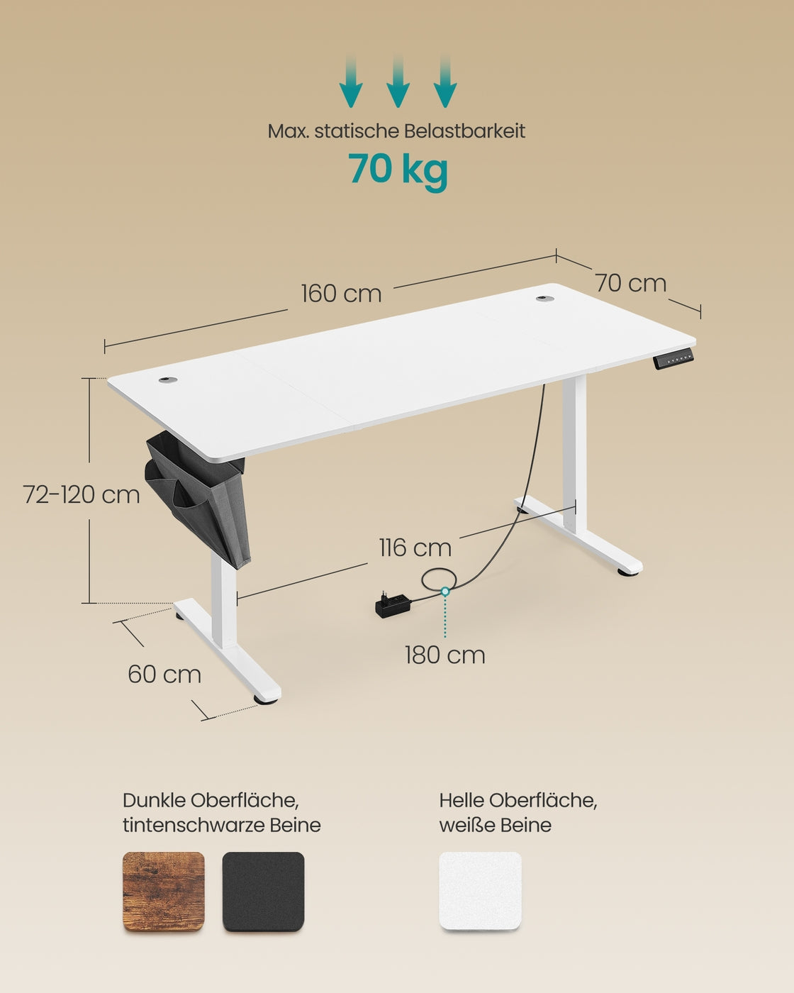 Höhenverstellbarer Schreibtisch elektrisch 70 x 160 x (72-120) cm