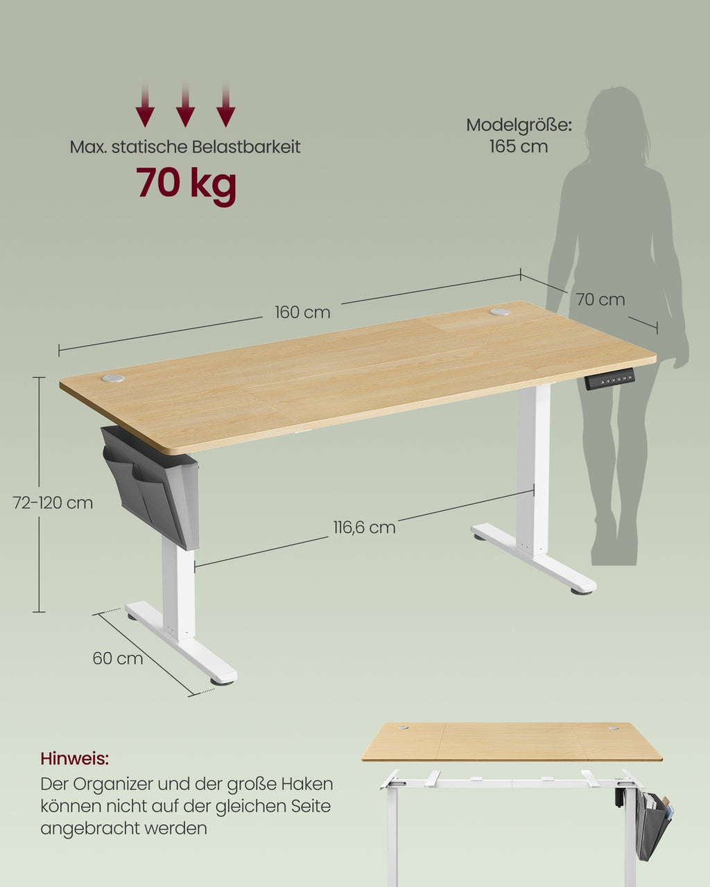 Höhenverstellbarer Schreibtisch elektrisch 160 x 70 cm goldeichenfarben
