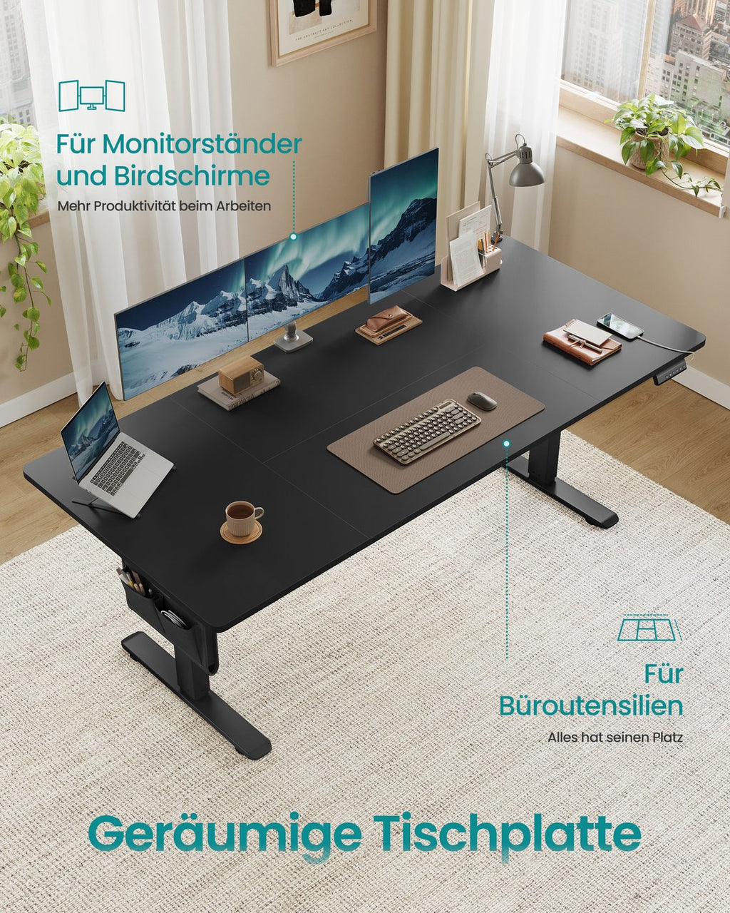 Höhenverstellbarer Schreibtisch elektrisch 180 x 80 cm tintenschwarz