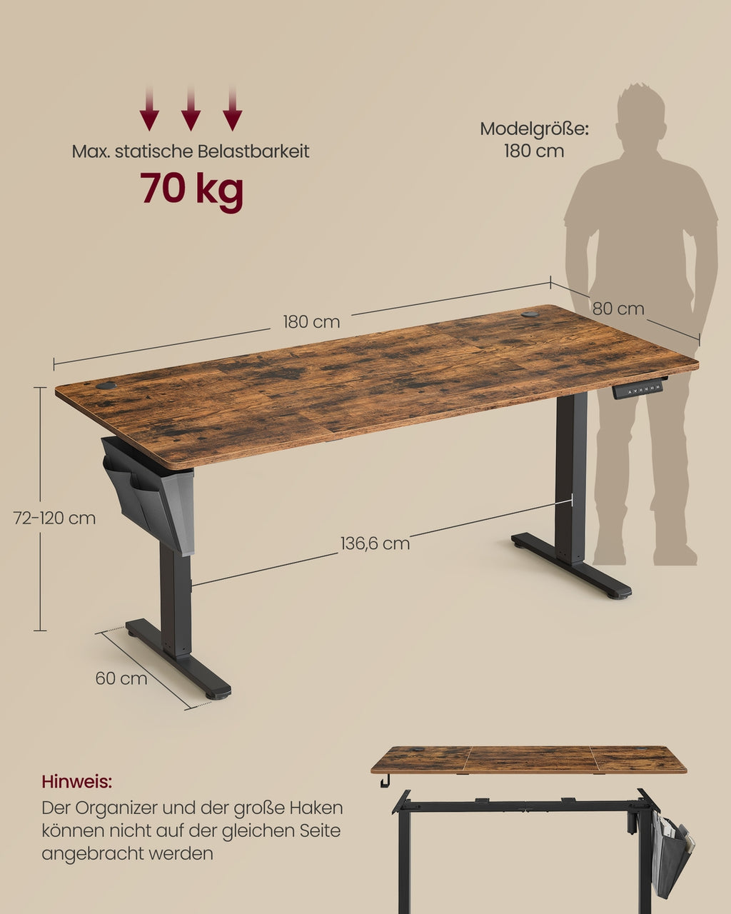 Höhenverstellbarer Schreibtisch elektrisch 180 x 80 x (72-120) cm
