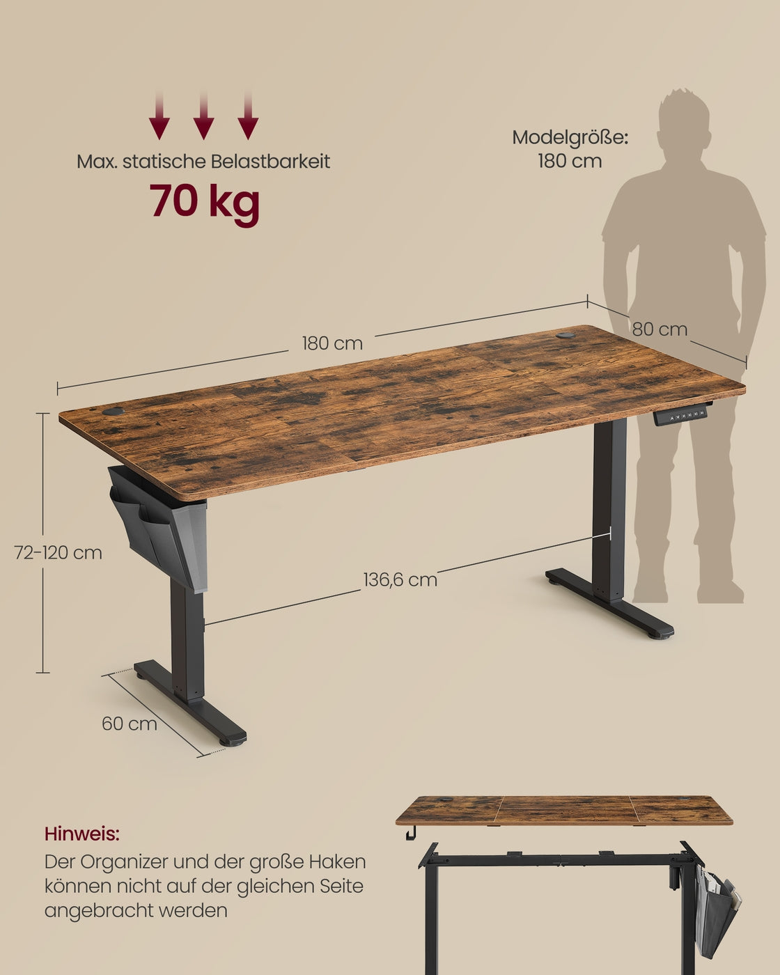 Höhenverstellbarer Schreibtisch elektrisch 180 x 80 x (72-120) cm
