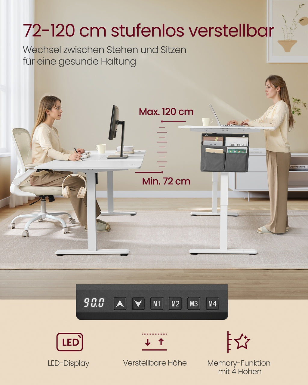 Höhenverstellbarer Schreibtisch elektrisch 180 x 80 cm wolkenweiß