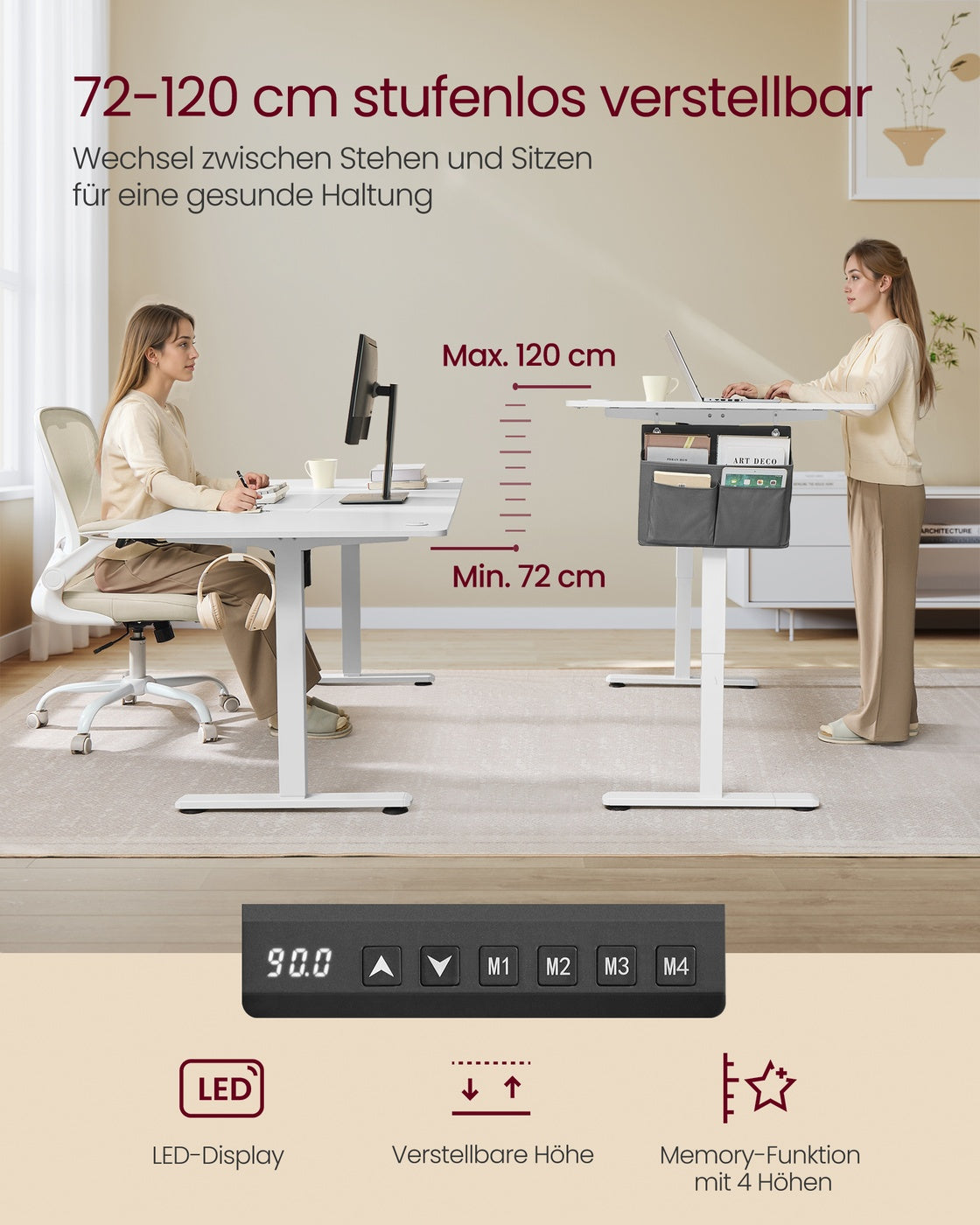 Höhenverstellbarer Schreibtisch elektrisch 180 x 80 cm wolkenweiß