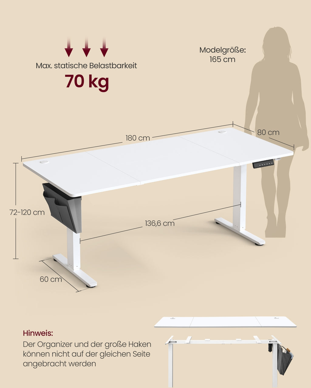 Höhenverstellbarer Schreibtisch elektrisch 180 x 80 cm wolkenweiß