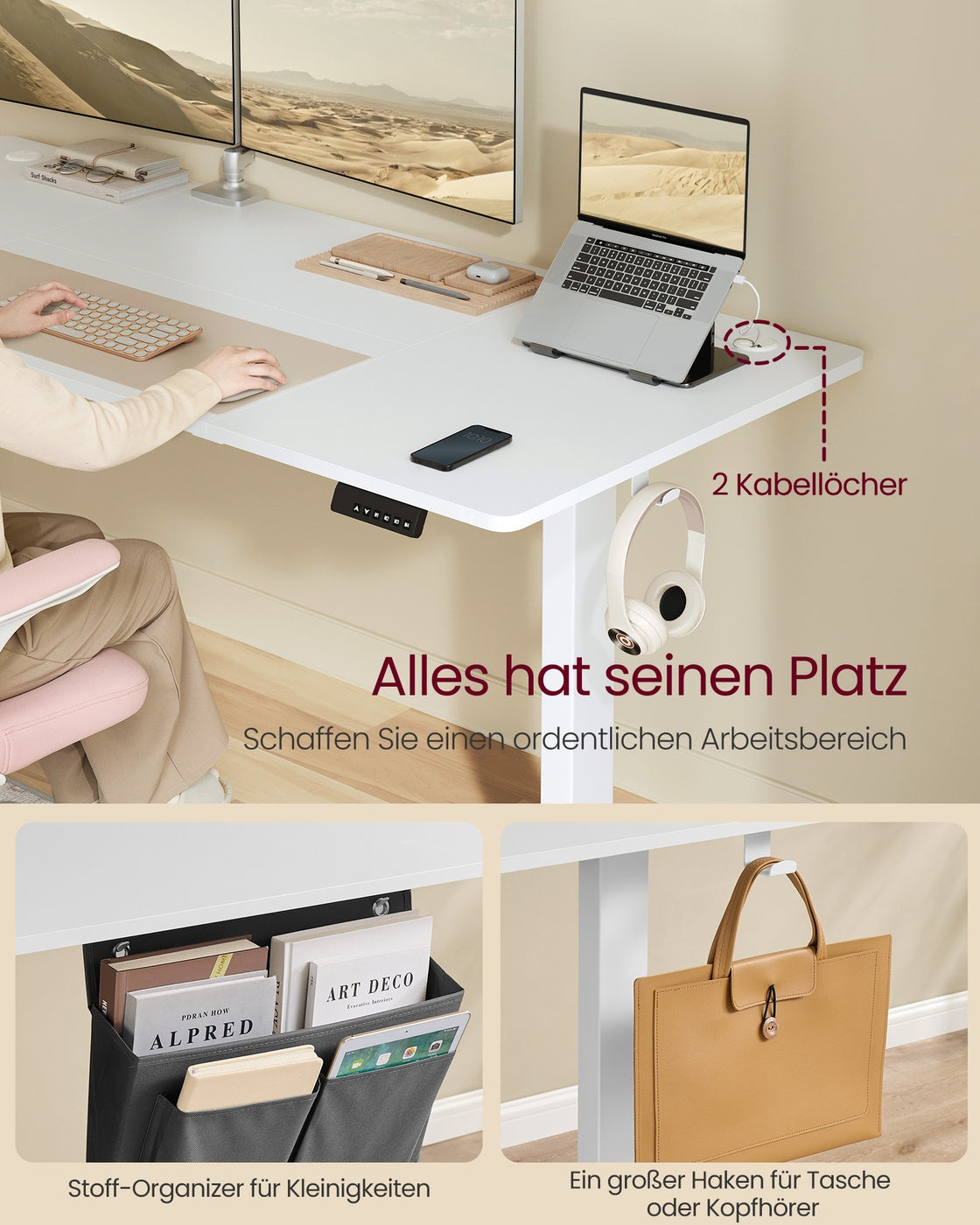 Höhenverstellbarer Schreibtisch elektrisch 180 x 80 cm wolkenweiß