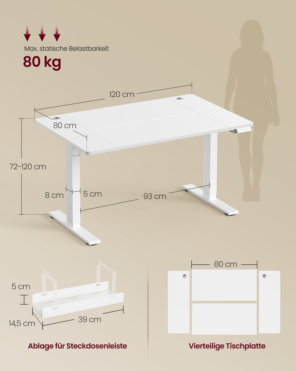 Schreibtisch höhenverstellbar mattweiß 120x80 cm USB-C