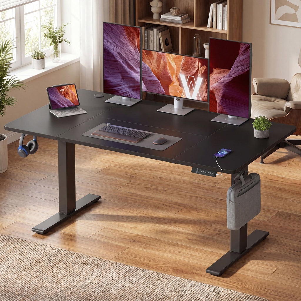 Elektrisch Höhenverstellbarer Schreibtisch, Stehpult mit Typ-C und Kabelmanagement für Home Office, 140 x 80 cm, Schwarz