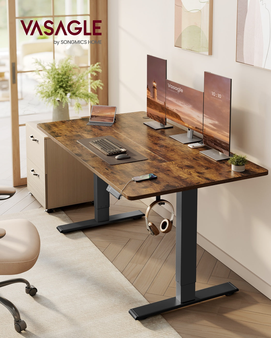 Höhenverstellbarer Schreibtisch mit USB Anschluss und Speicherfunktion vintagebraun