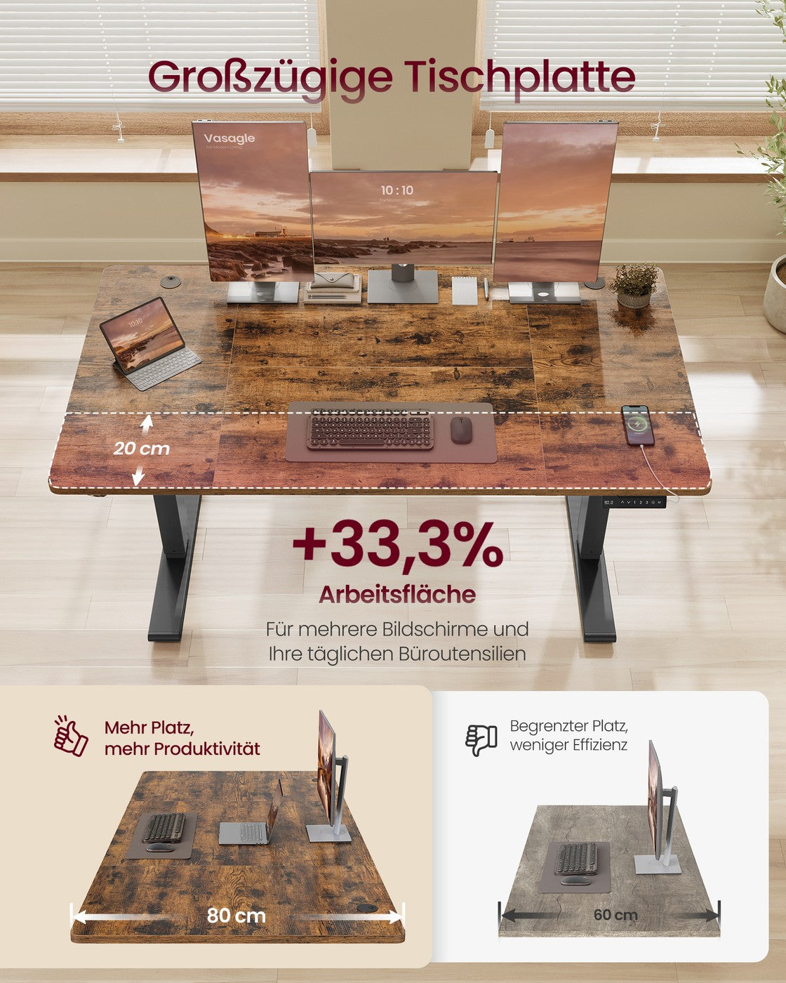 Höhenverstellbarer Schreibtisch mit USB Anschluss und Speicherfunktion vintagebraun