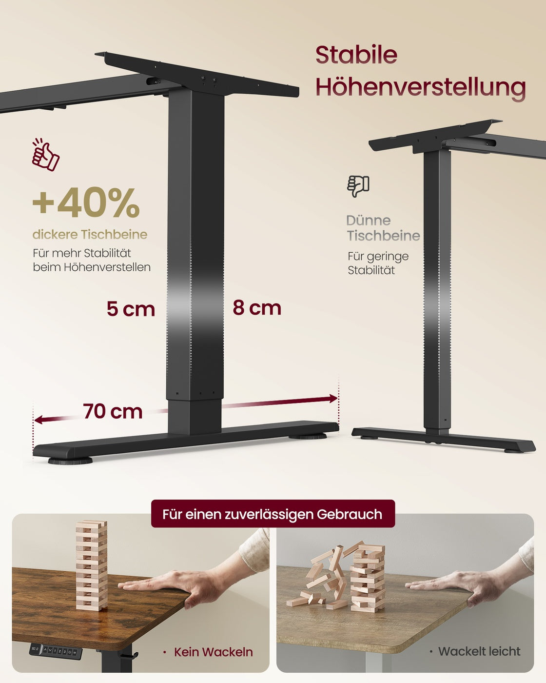 Höhenverstellbarer Schreibtisch mit USB Anschluss und Speicherfunktion vintagebraun