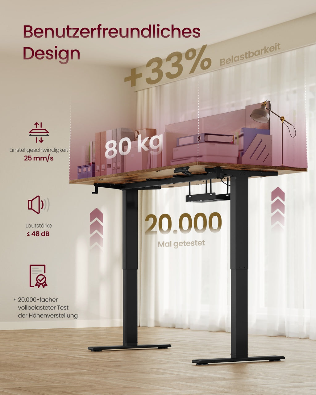Höhenverstellbarer Schreibtisch mit USB Anschluss und Speicherfunktion vintagebraun