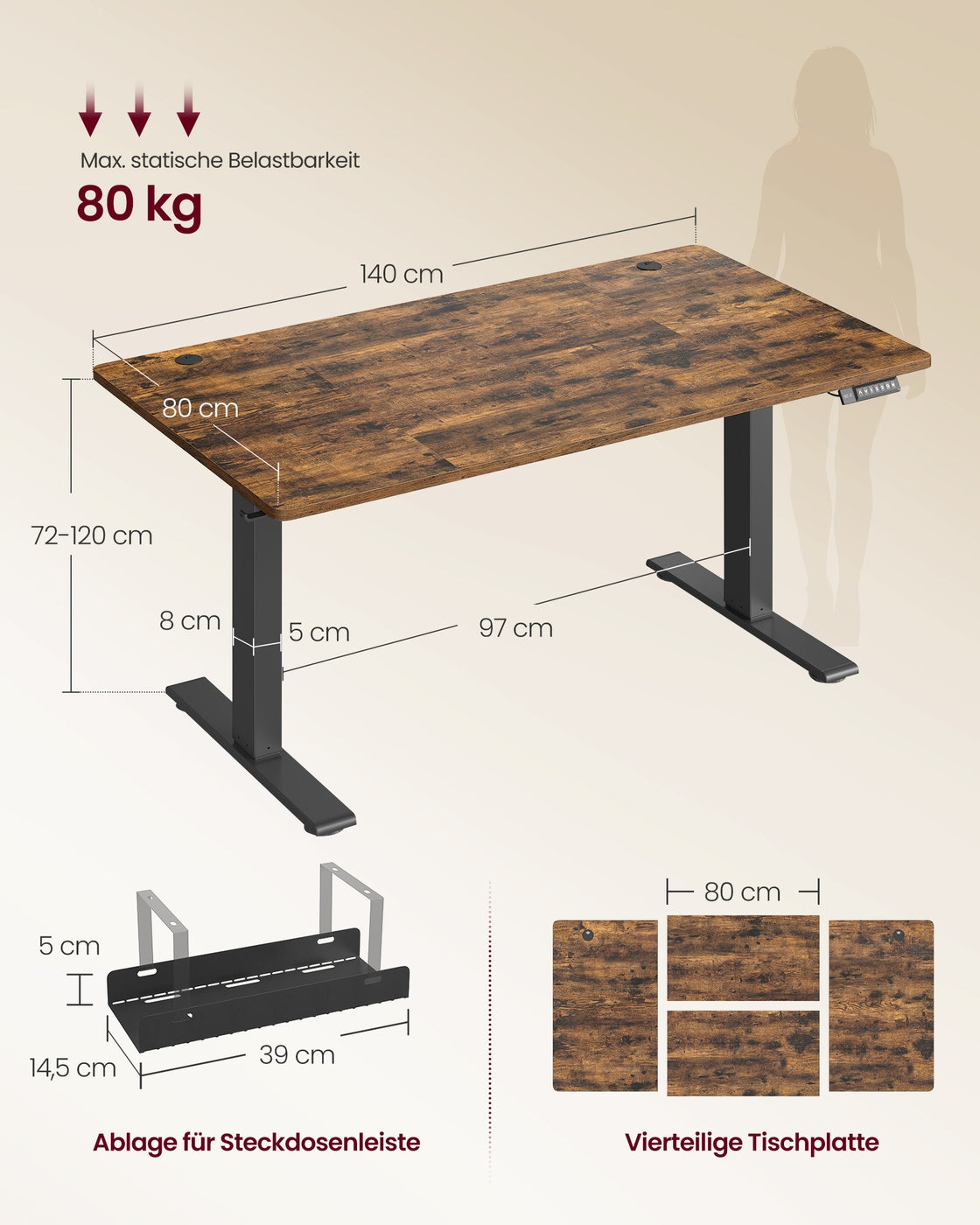 Höhenverstellbarer Schreibtisch mit USB Anschluss und Speicherfunktion vintagebraun