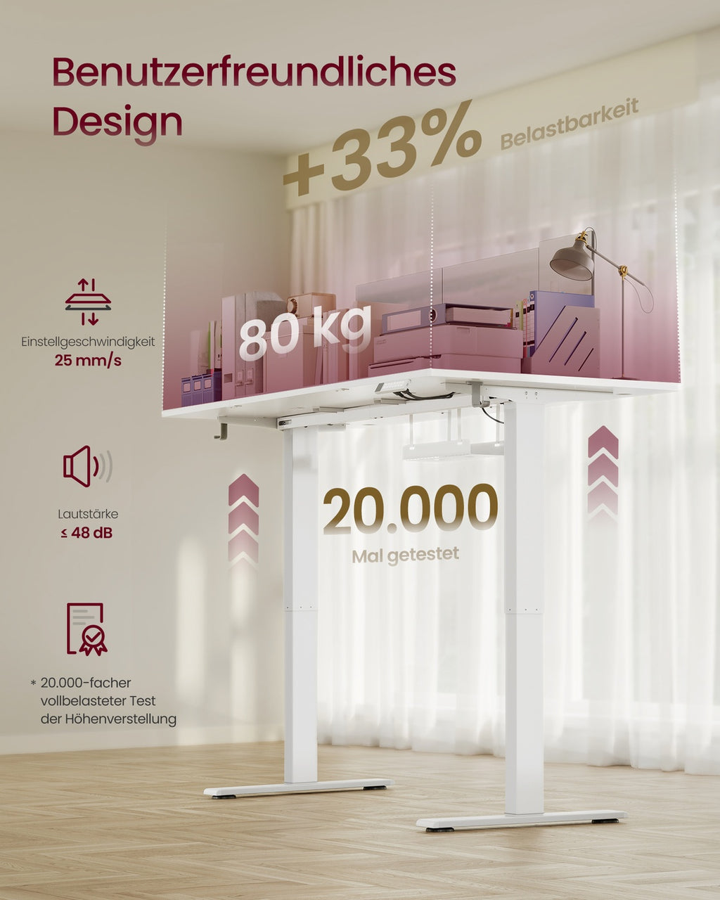 Höhenverstellbarer Schreibtisch mit USB Anschluss und Speicherfunktion mattweiß