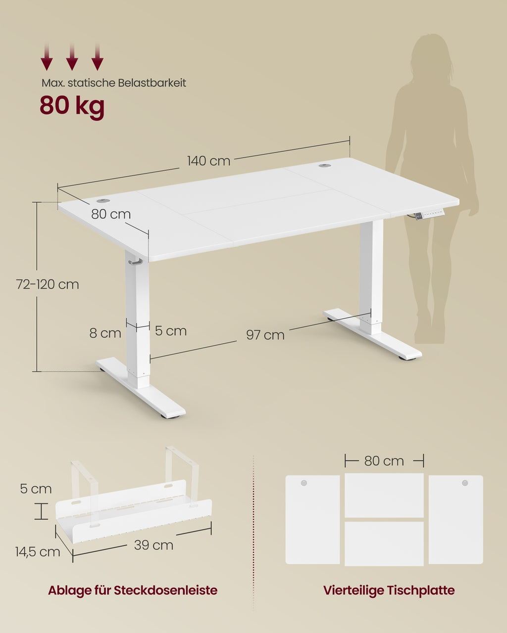 Höhenverstellbarer Schreibtisch mit USB Anschluss und Speicherfunktion mattweiß