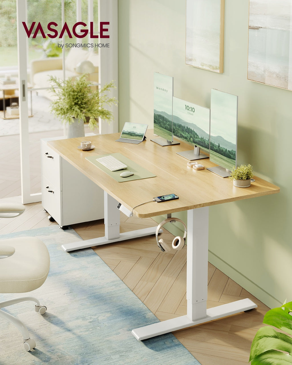 Höhenverstellbarer Schreibtisch mit USB Anschluss und Speicherfunktion goldeichenfarben
