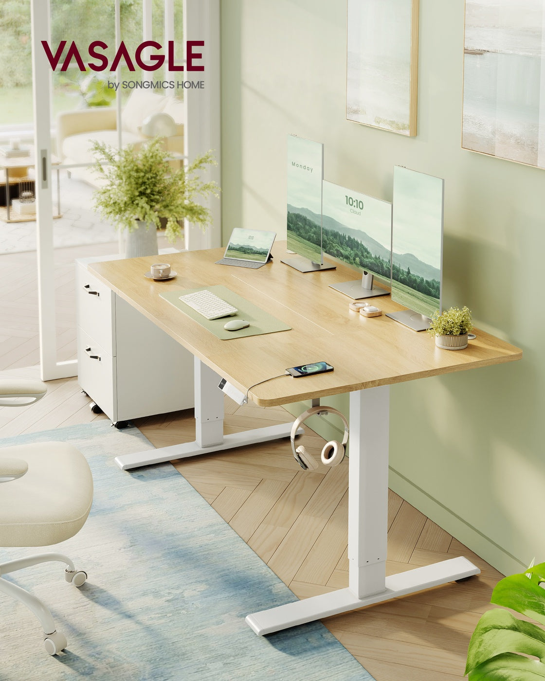 Höhenverstellbarer Schreibtisch mit USB Anschluss und Speicherfunktion goldeichenfarben