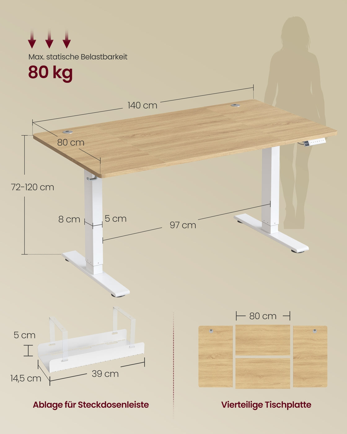 Höhenverstellbarer Schreibtisch mit USB Anschluss und Speicherfunktion goldeichenfarben
