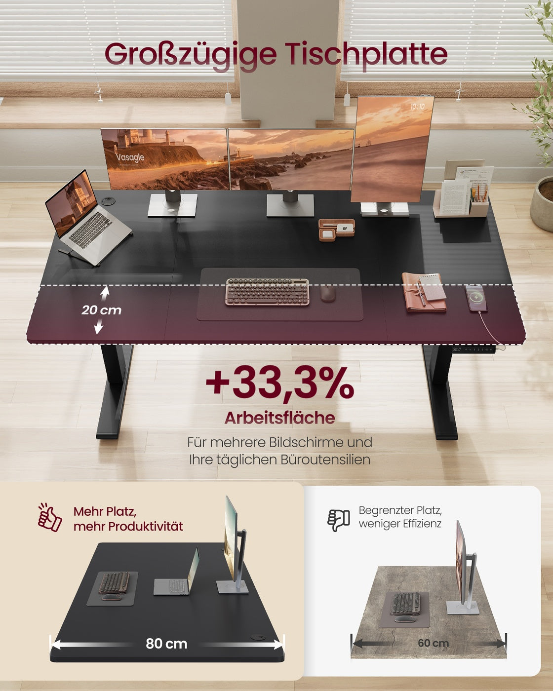 Höhenverstellbarer Schreibtisch mit USB Anschluss und Speicherfunktion Tintenschwarz