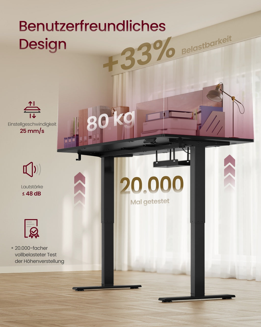 Höhenverstellbarer Schreibtisch mit USB Anschluss und Speicherfunktion Tintenschwarz