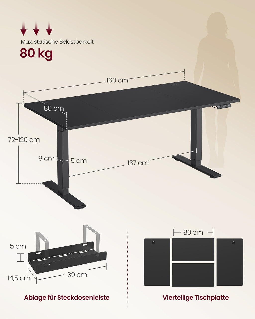 Höhenverstellbarer Schreibtisch mit USB Anschluss und Speicherfunktion Tintenschwarz