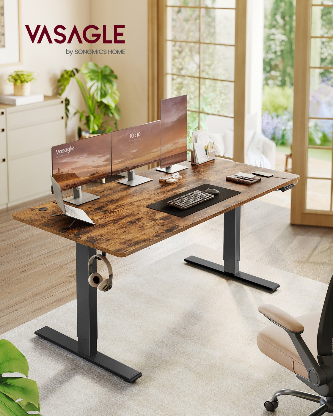 Höhenverstellbarer Schreibtisch mit USB Anschluss und Speicherfunktion Vintagebraun