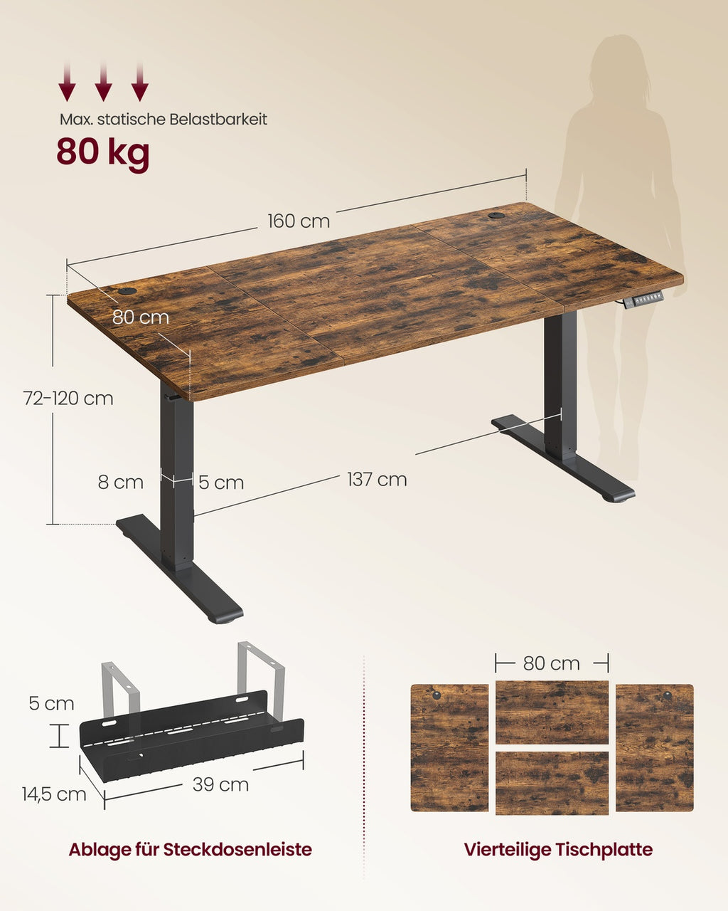 Höhenverstellbarer Schreibtisch mit USB Anschluss und Speicherfunktion Vintagebraun