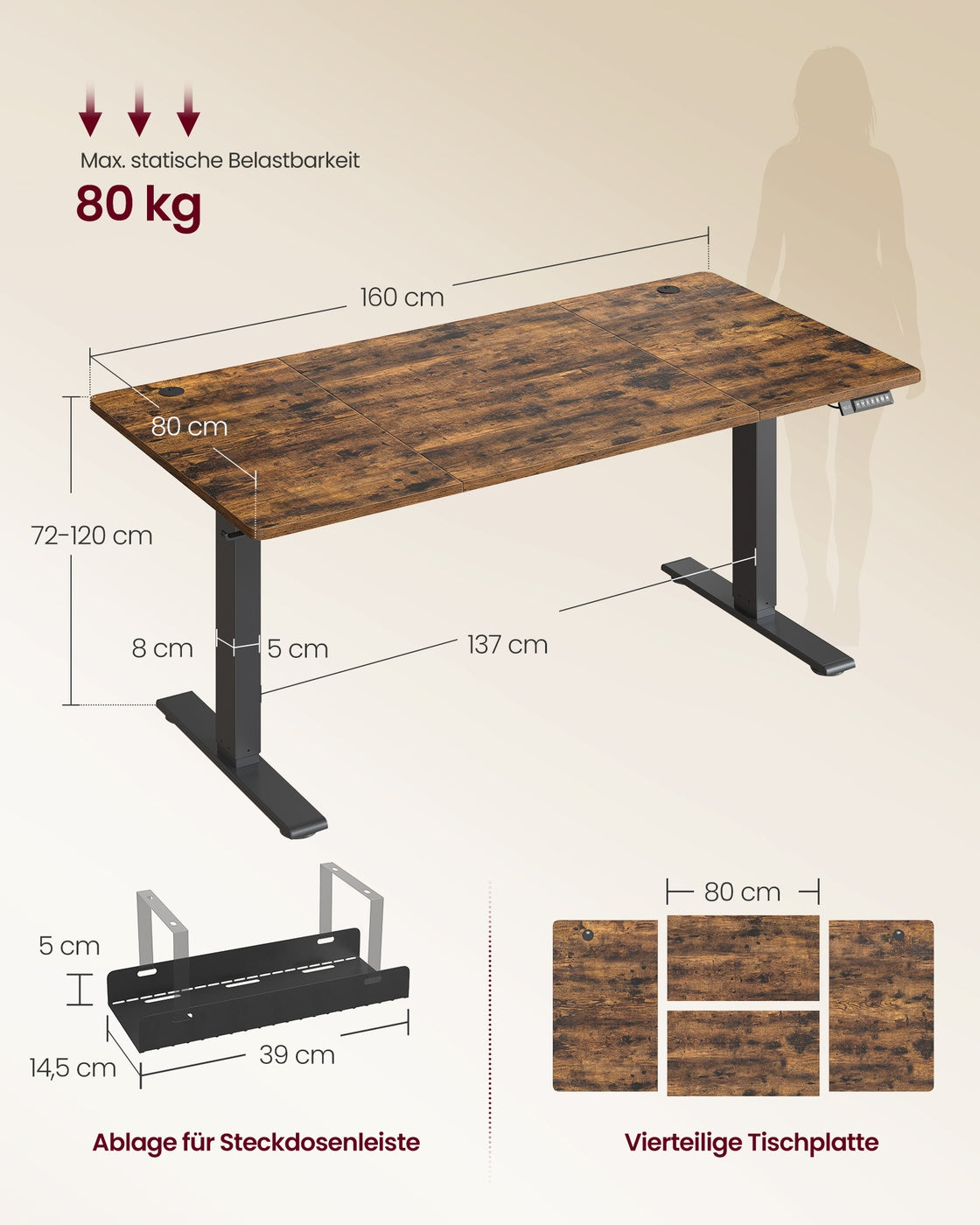 Höhenverstellbarer Schreibtisch mit USB Anschluss und Speicherfunktion Vintagebraun