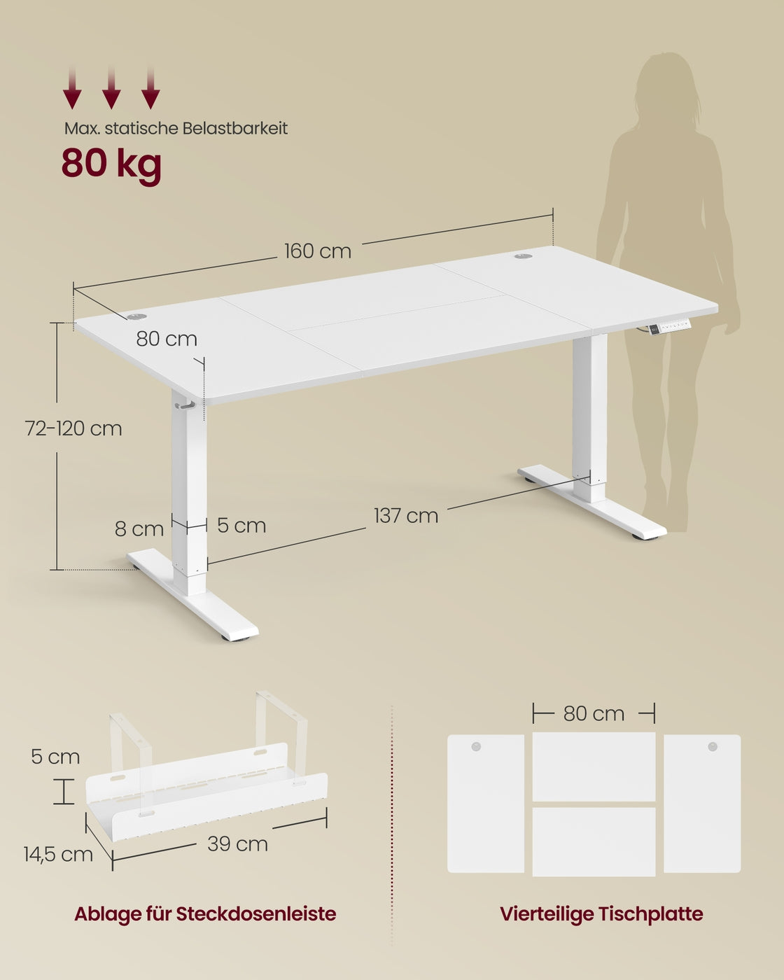 Höhenverstellbarer Schreibtisch mit USB Anschluss und Speicherfunktion Mattweiß