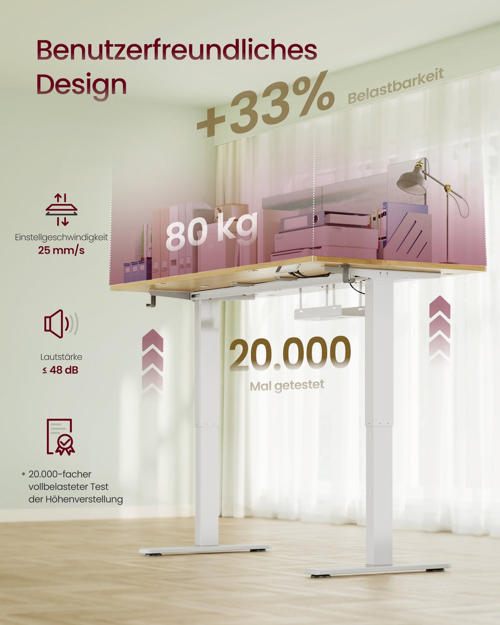 Höhenverstellbarer Schreibtisch mit USB Anschluss und Speicherfunktion goldeichenfarben