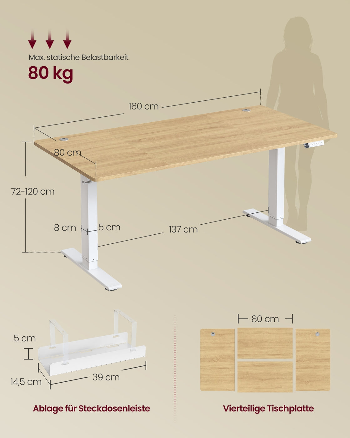 Höhenverstellbarer Schreibtisch mit USB Anschluss und Speicherfunktion goldeichenfarben