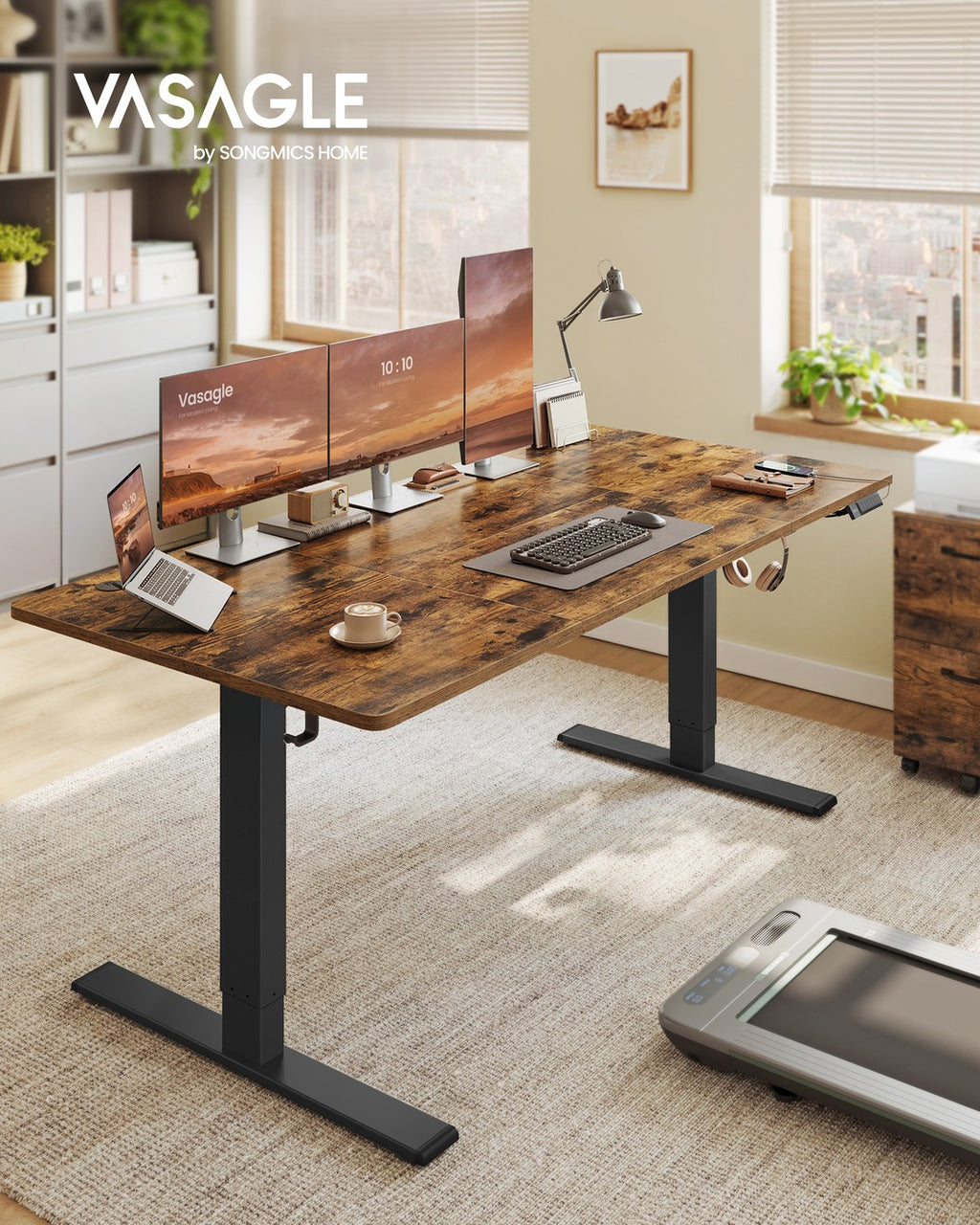 Höhenverstellbarer Schreibtisch mit USB Anschluss und Speicherfunktion Vintagebraun