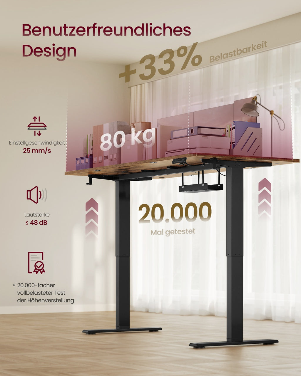 Höhenverstellbarer Schreibtisch mit USB Anschluss und Speicherfunktion Vintagebraun