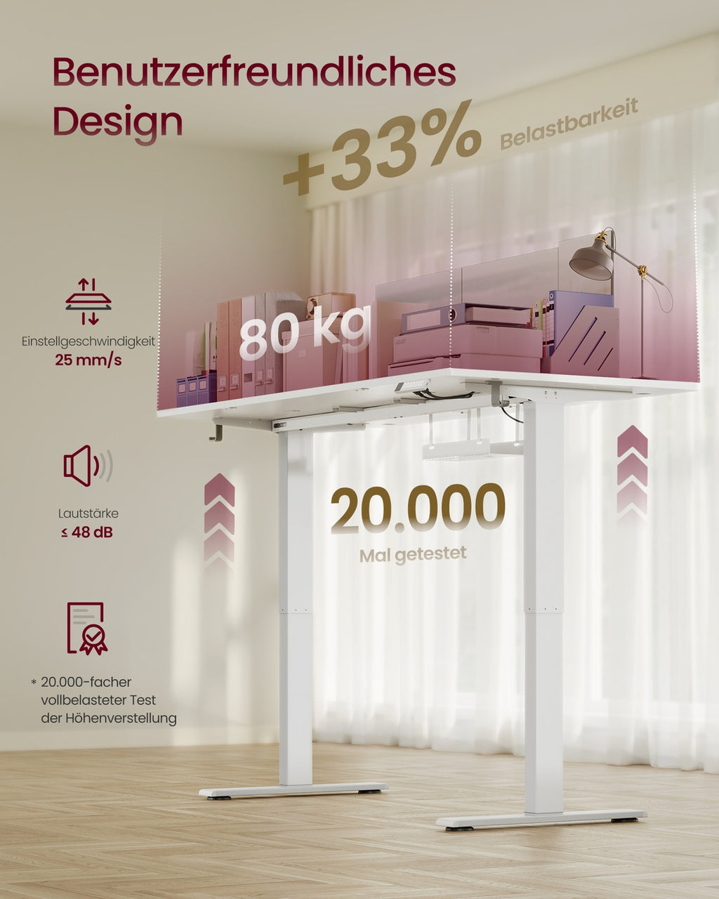 Höhenverstellbarer Schreibtisch mit USB Anschluss und Speicherfunktion Mattweiß