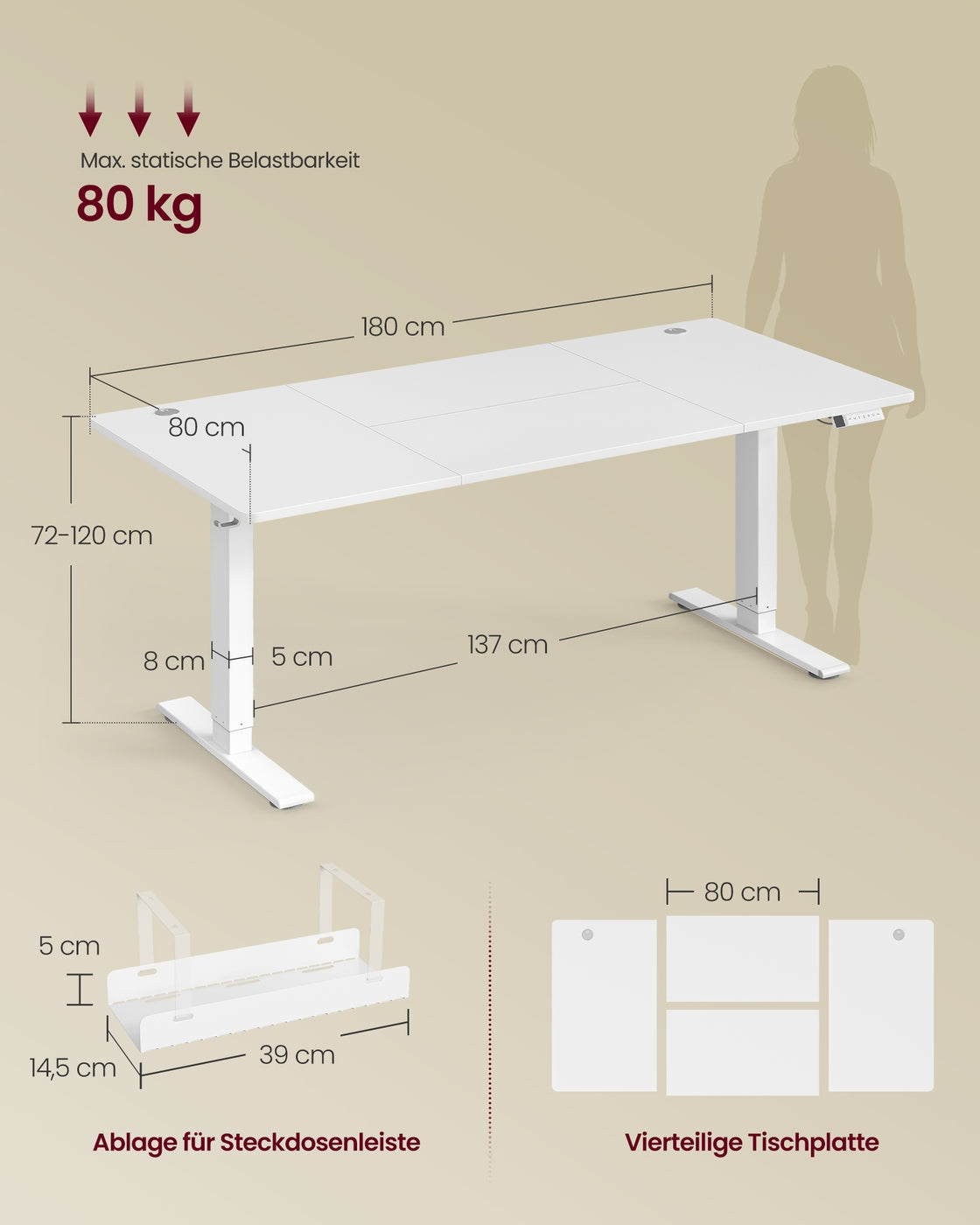 Höhenverstellbarer Schreibtisch mit USB Anschluss und Speicherfunktion Mattweiß