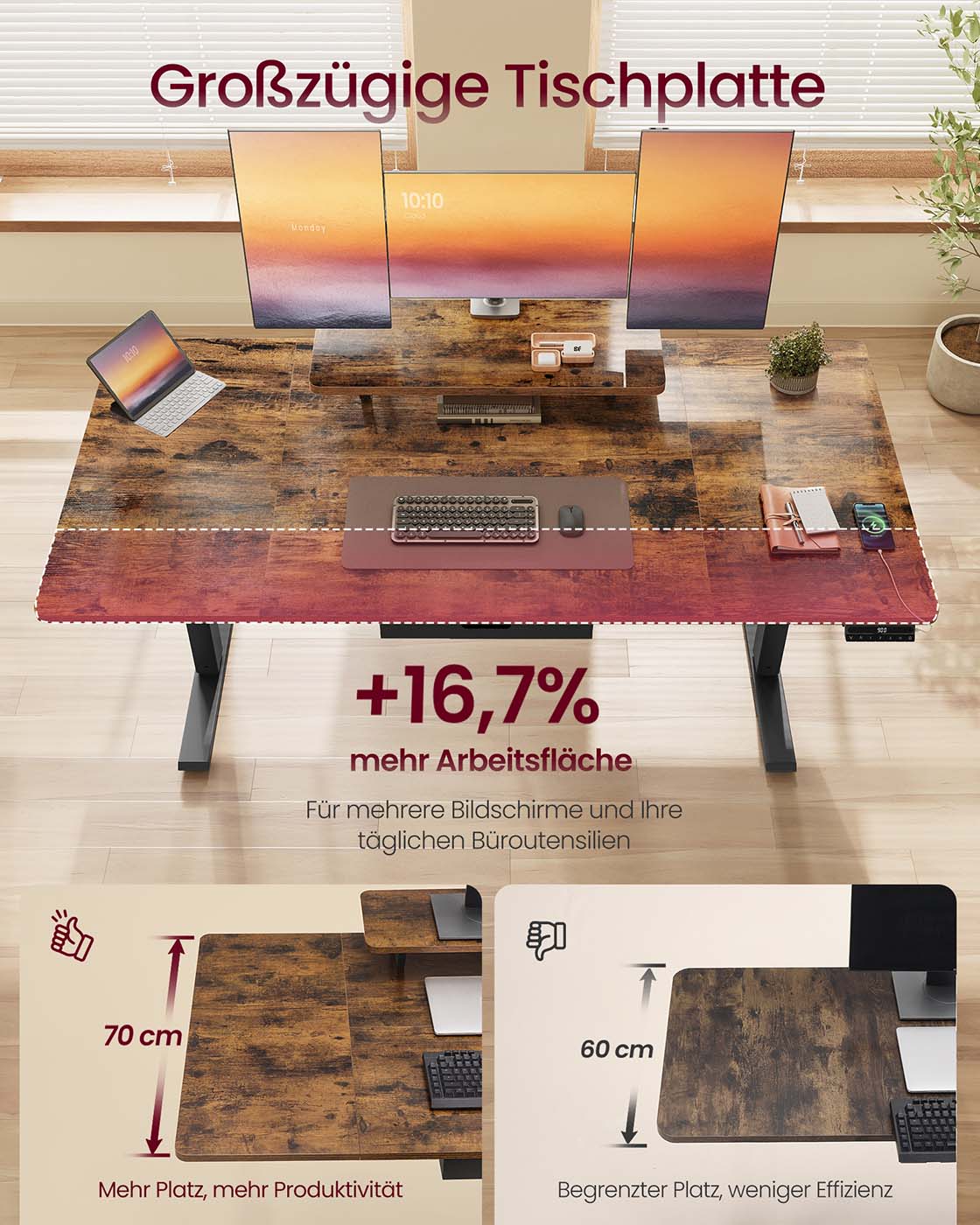 Höhenverstellbarer Schreibtisch mit Monitorständer und USB