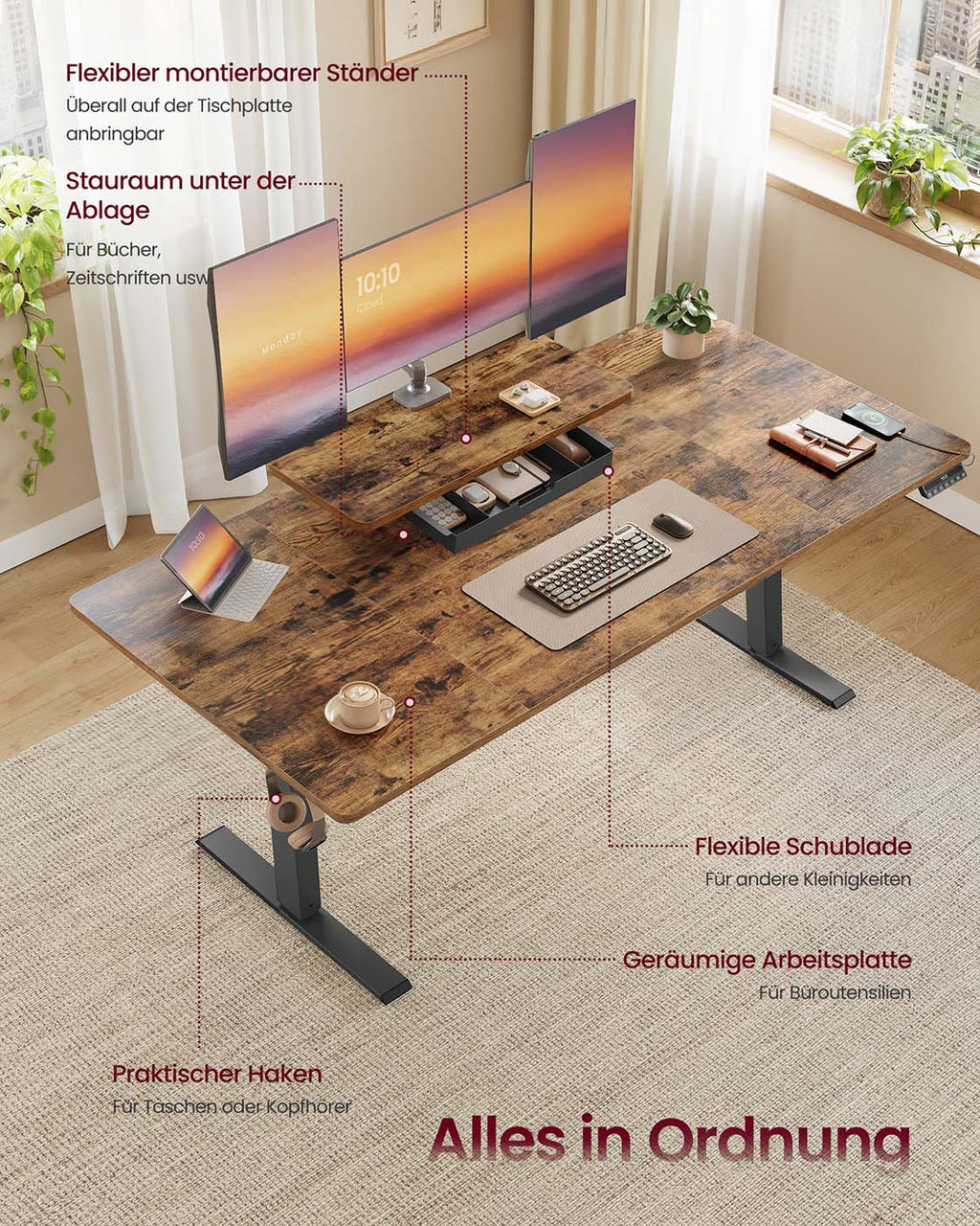 Höhenverstellbarer Schreibtisch mit Monitorständer und USB