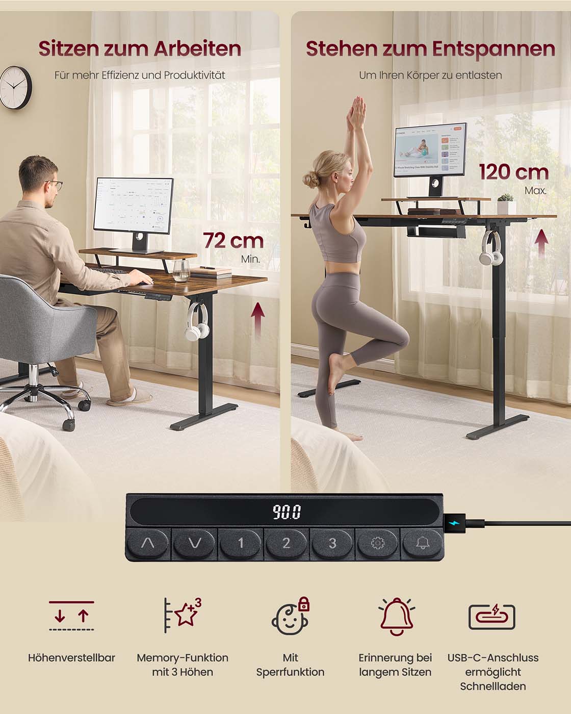 Höhenverstellbarer Schreibtisch mit Monitorständer und USB