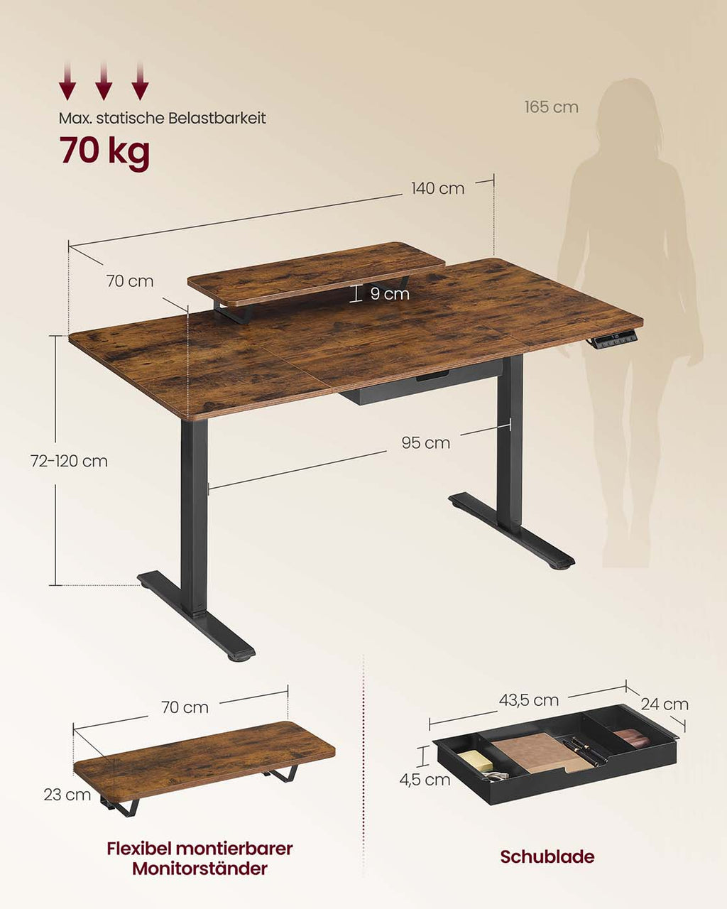 Höhenverstellbarer Schreibtisch mit Monitorständer und USB