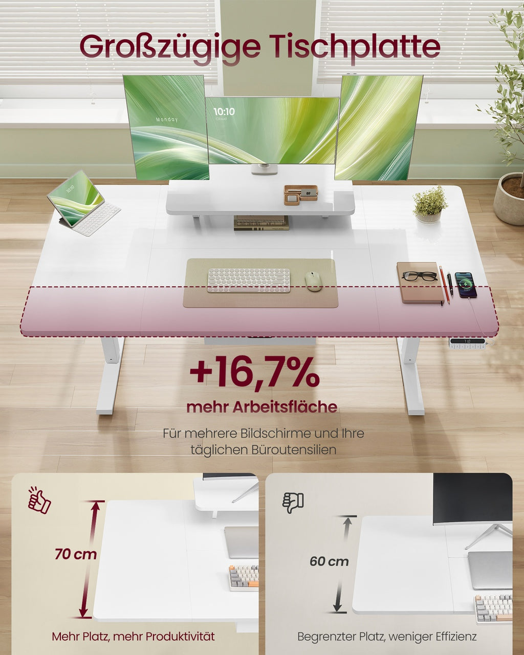 Höhenverstellbarer Schreibtisch mit Monitorständer und USB