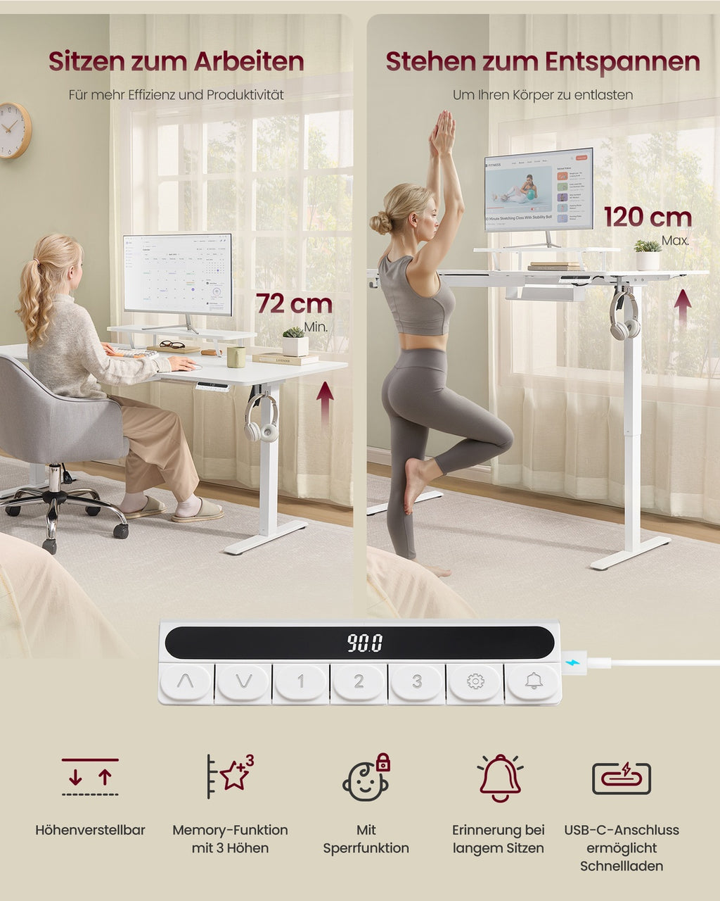Höhenverstellbarer Schreibtisch mit Monitorständer und USB