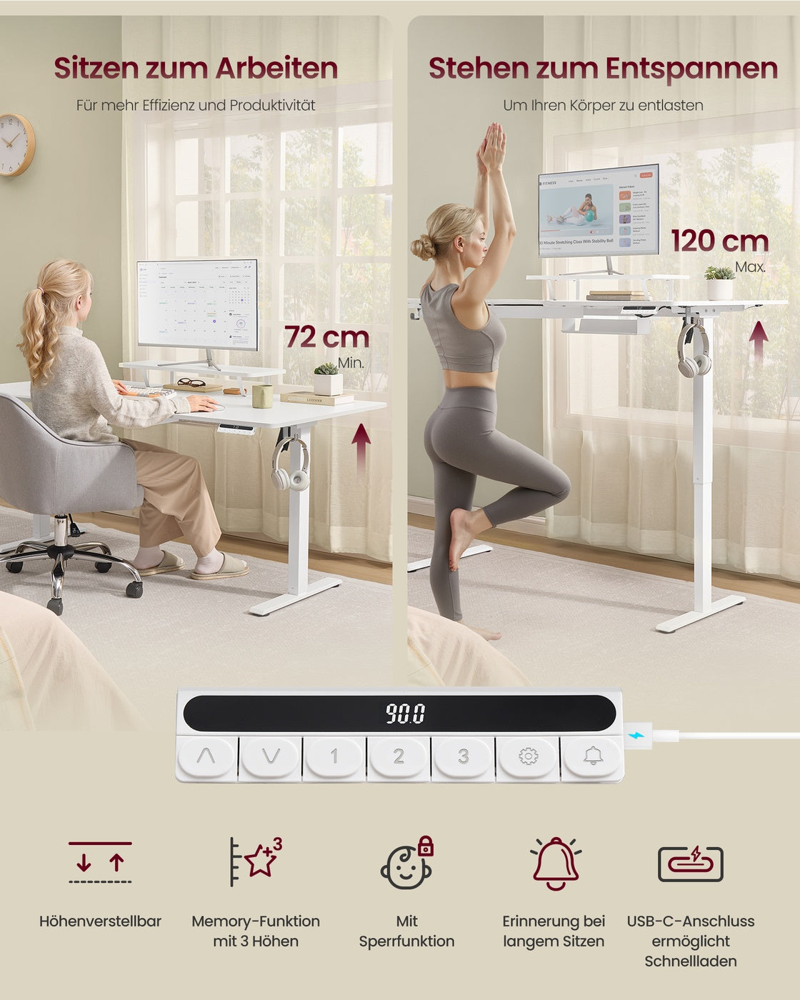 Höhenverstellbarer Schreibtisch mit Monitorständer und USB