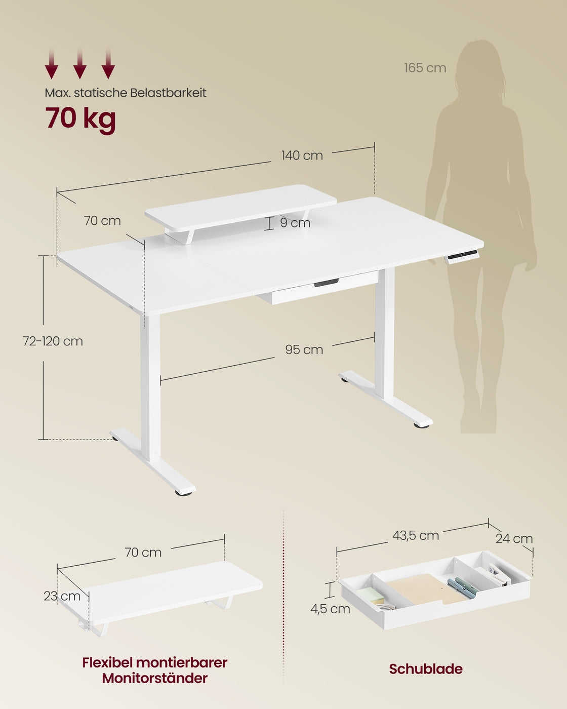 Höhenverstellbarer Schreibtisch mit Monitorständer und USB