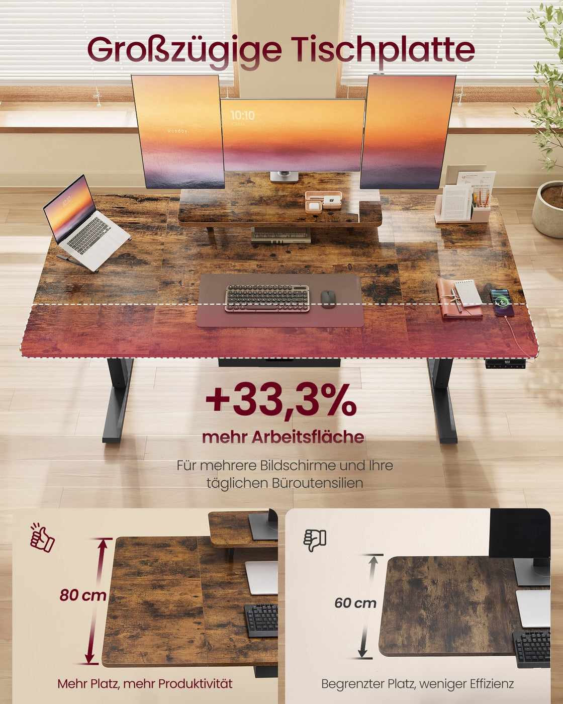 Höhenverstellbarer Schreibtisch mit Monitorständer und USB