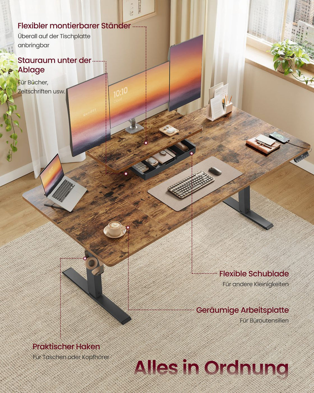 Höhenverstellbarer Schreibtisch mit Monitorständer und USB