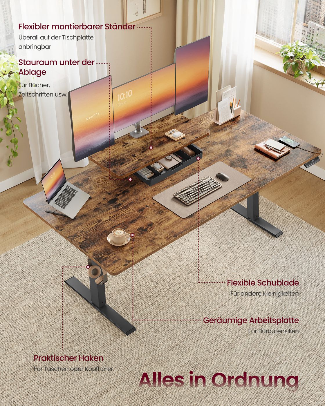 Höhenverstellbarer Schreibtisch mit Monitorständer und USB