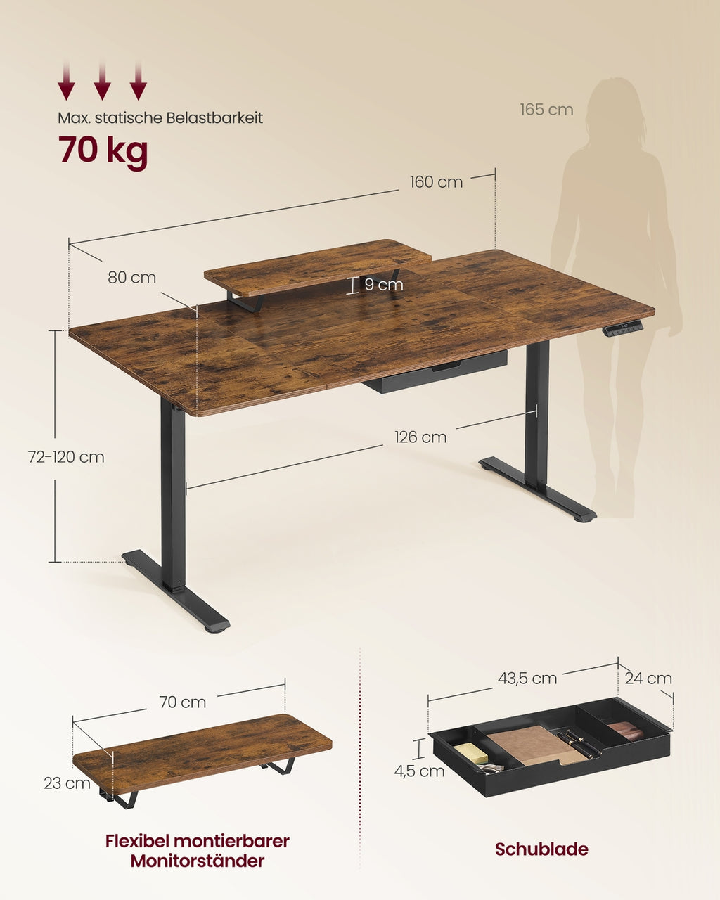 Höhenverstellbarer Schreibtisch mit Monitorständer und USB