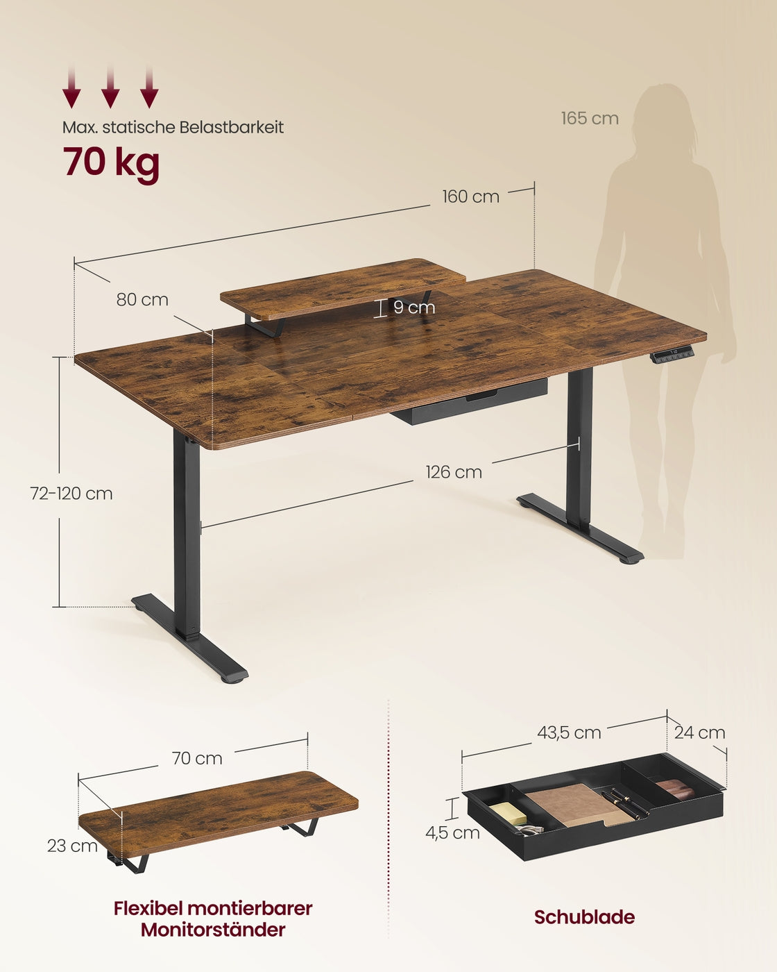 Höhenverstellbarer Schreibtisch mit Monitorständer und USB