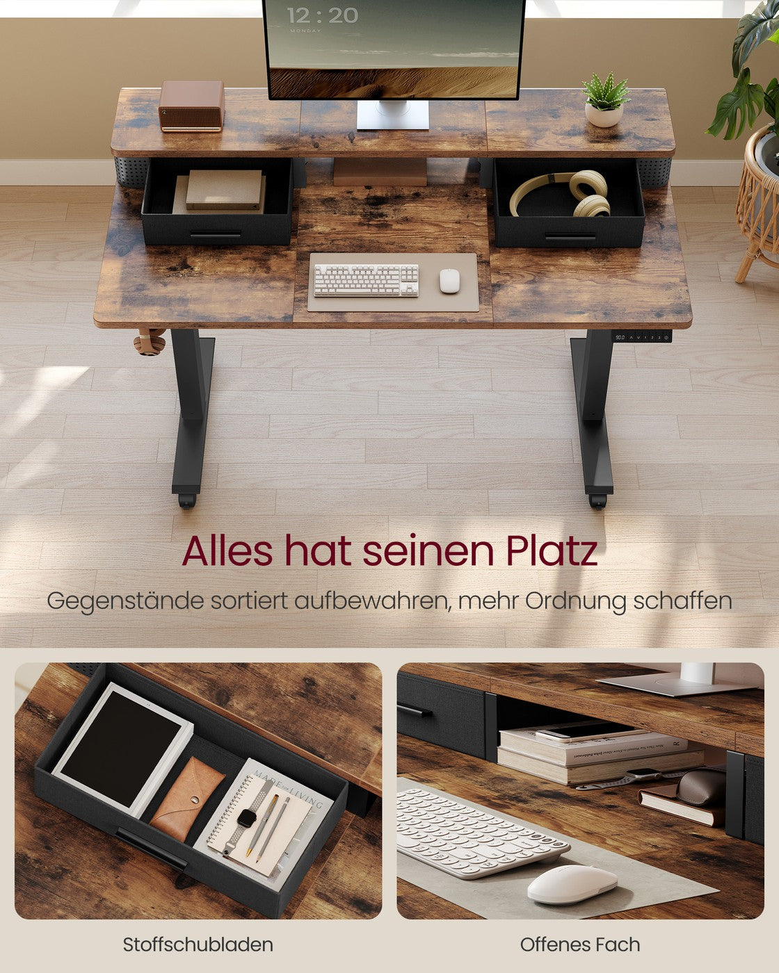 Höhenverstellbarer Schreibtisch elektrisch mit Monitorständer vintagebraun